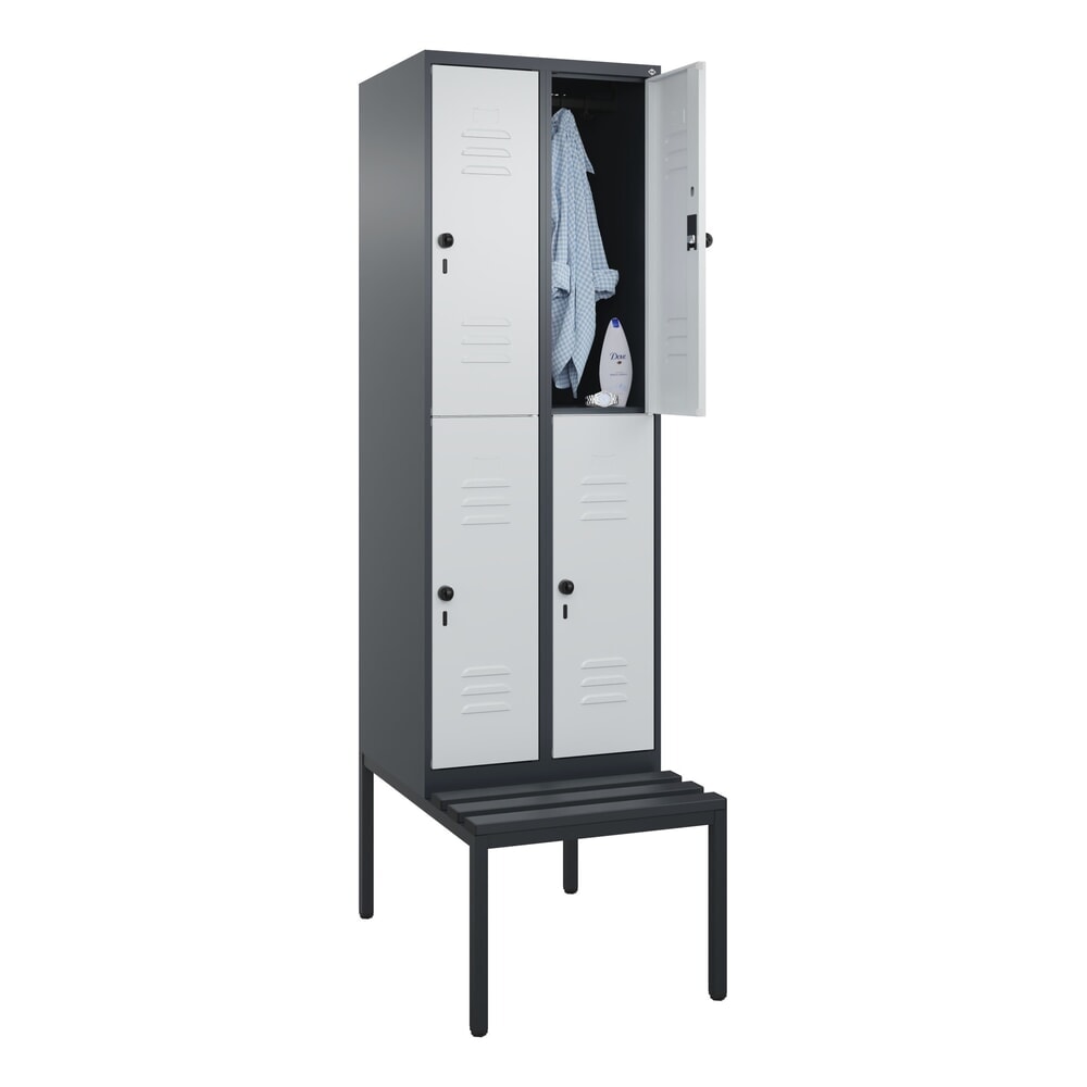 N° de l'image du produit 10 : C+P Doppelstock-Spind Classic PLUS, 2 Abteile, HxBxT 2.120 x 600 x 815 mm, für Vorhängeschloss, untergebaute Bank aus Kunststoff, anthrazitgrau, lichtgrau