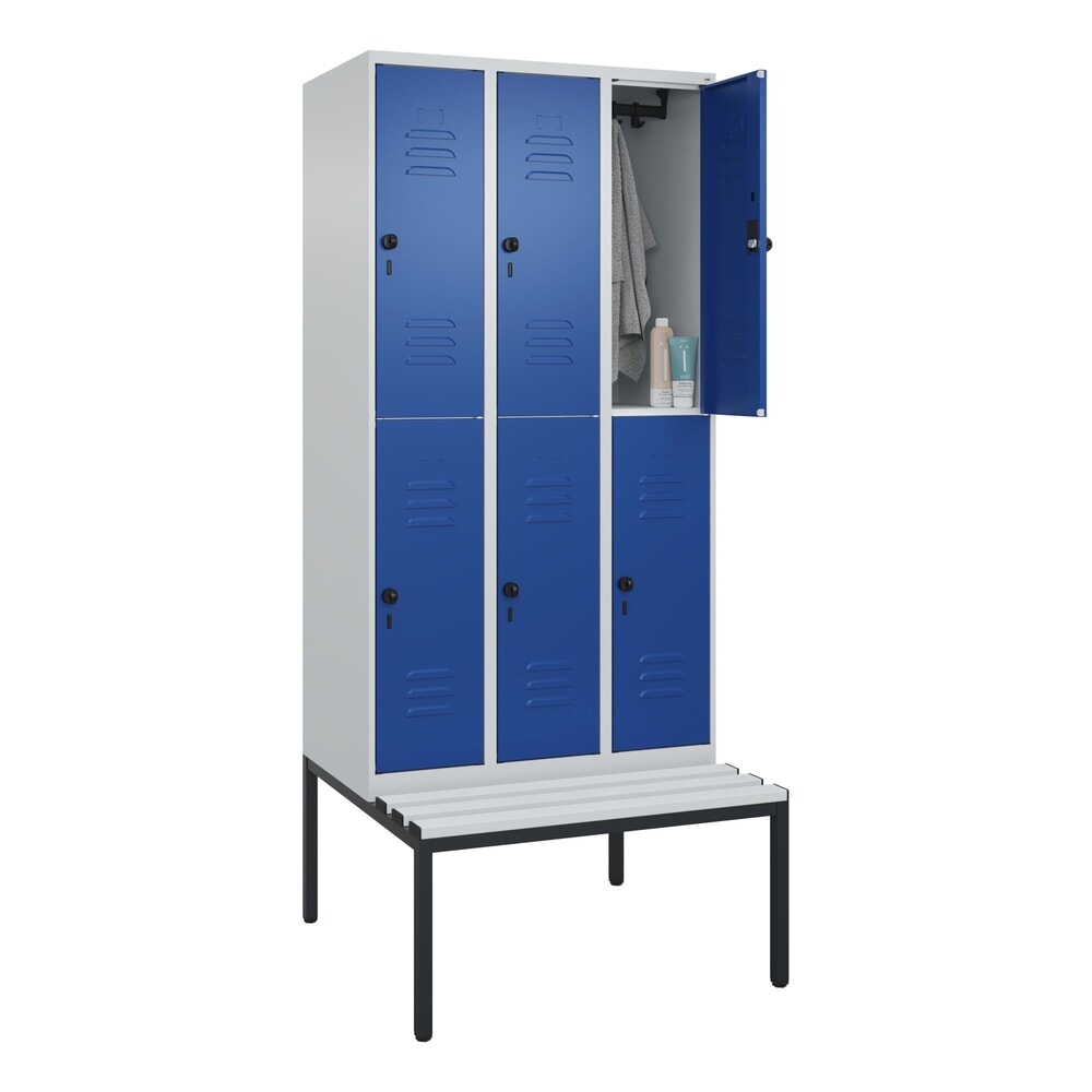 N° de l'image du produit 10 : C+P Doppelstock-Spind Classic PLUS, 3 Abteile, HxBxT 2.120 x 900 x 815 mm, für Vorhängeschloss, untergebaute Bank aus Kunststoff, lichtgrau, enzianblau