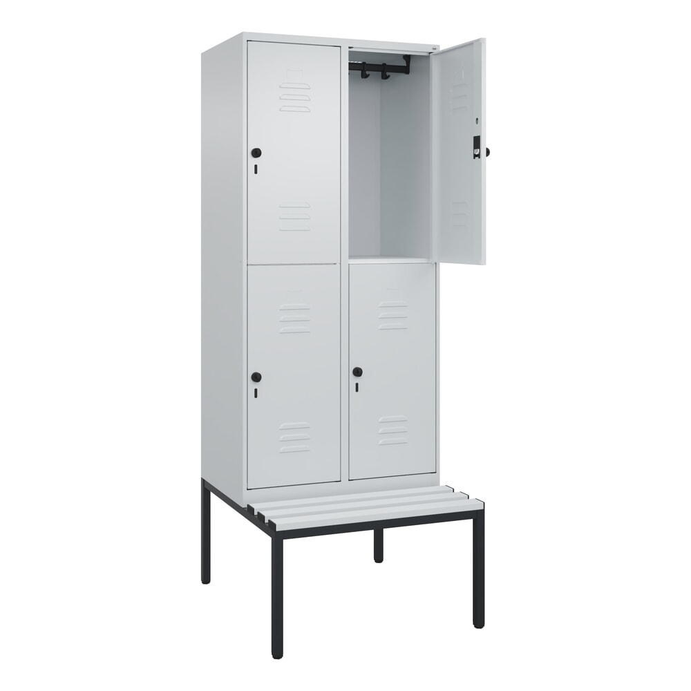 Illustration du produit: C+P Doppelstock-Spind Classic PLUS, 2 Abteile, HxBxT 2.120 x 800 x 815 mm, für Vorhängeschloss, untergebaute Bank aus Kunststoff, lichtgrau, lichtgrau