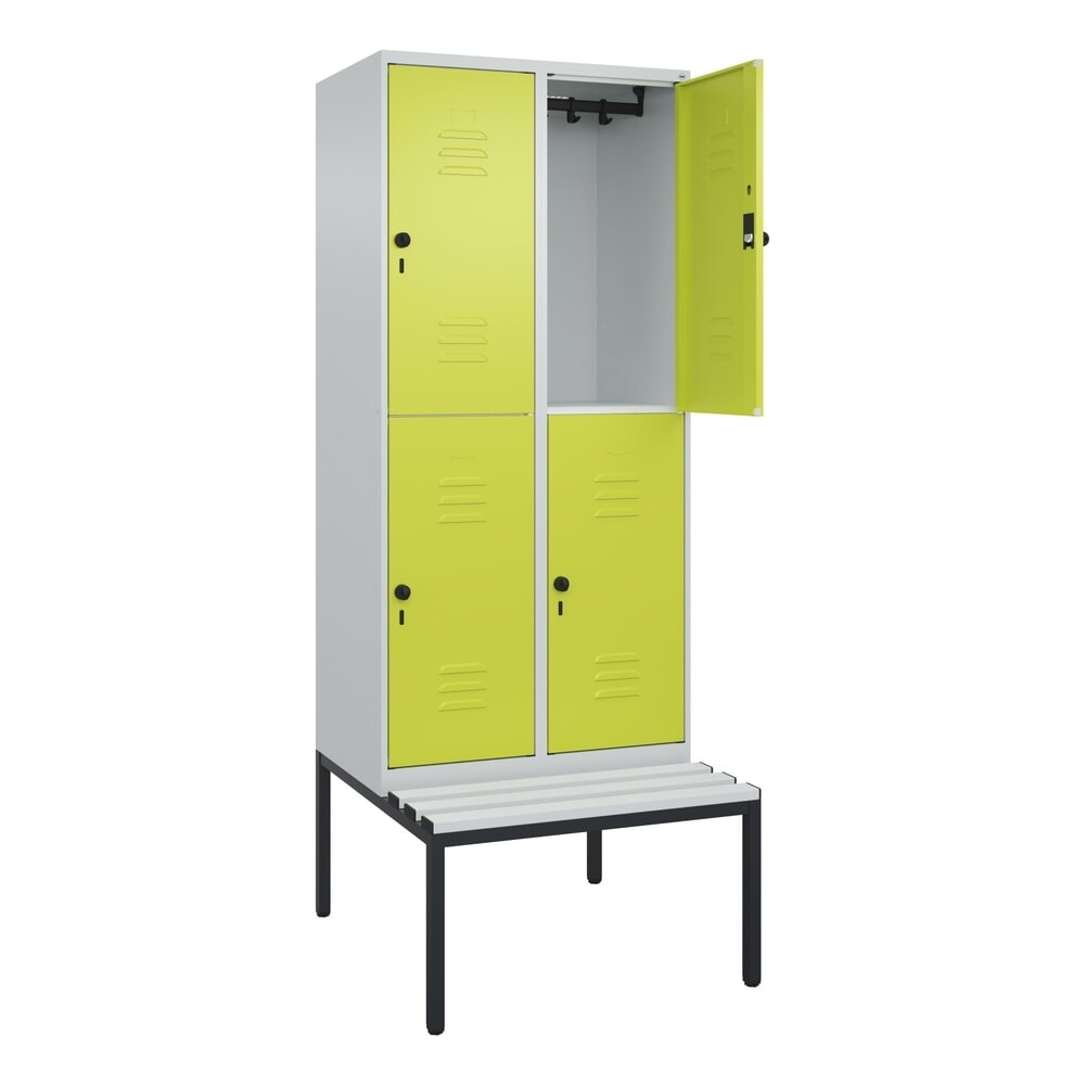 Produktabbildung: C+P Doppelstock-Spind Classic PLUS, 2 Abteile, HxBxT 2.120 x 800 x 815 mm, für Vorhängeschloss, untergebaute Bank aus Kunststoff, lichtgrau, clowngrün