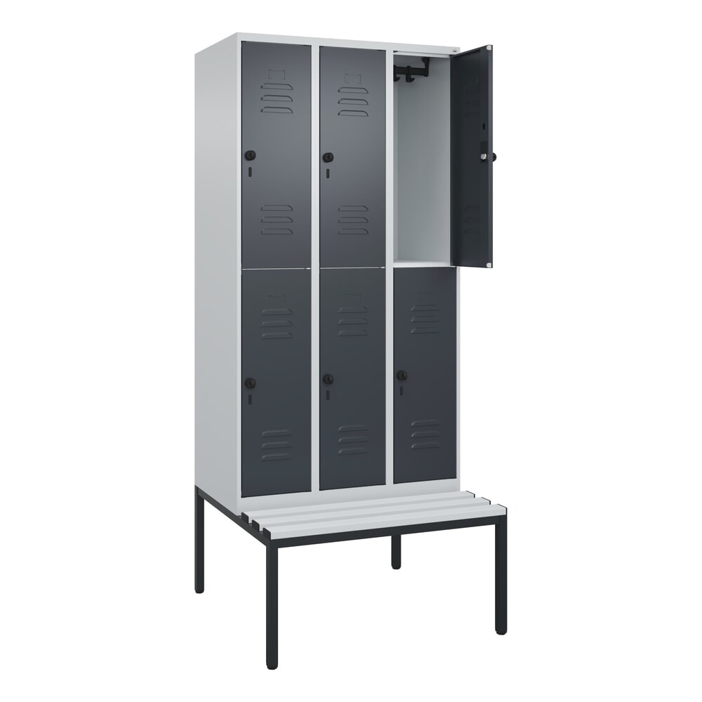 Illustration du produit: C+P Doppelstock-Spind Classic PLUS, 3 Abteile, HxBxT 2.120 x 900 x 815 mm, für Vorhängeschloss, untergebaute Bank aus Kunststoff, lichtgrau, anthrazitgrau