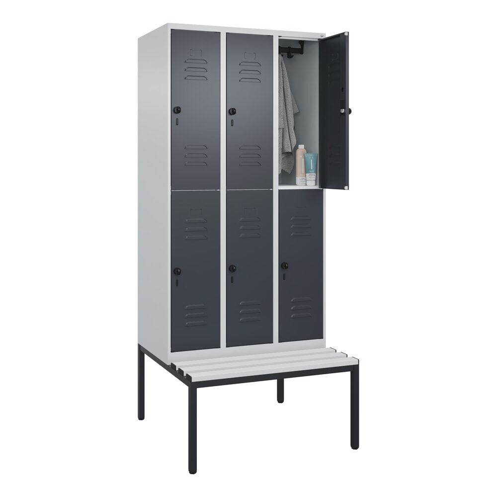 N° de l'image du produit 10 : C+P Doppelstock-Spind Classic PLUS, 3 Abteile, HxBxT 2.120 x 900 x 815 mm, für Vorhängeschloss, untergebaute Bank aus Kunststoff, lichtgrau, anthrazitgrau
