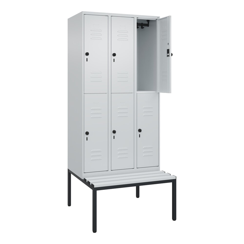 Illustration du produit: C+P Doppelstock-Spind Classic PLUS, 3 Abteile, HxBxT 2.120 x 900 x 815 mm, für Vorhängeschloss, untergebaute Bank aus Kunststoff, lichtgrau, lichtgrau