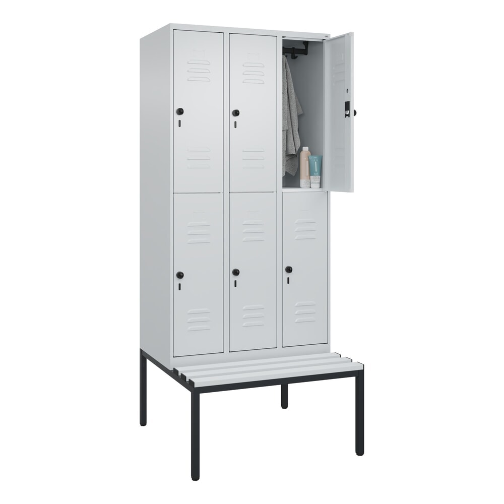 N° de l'image du produit 10 : C+P Doppelstock-Spind Classic PLUS, 3 Abteile, HxBxT 2.120 x 900 x 815 mm, für Vorhängeschloss, untergebaute Bank aus Kunststoff, lichtgrau, lichtgrau