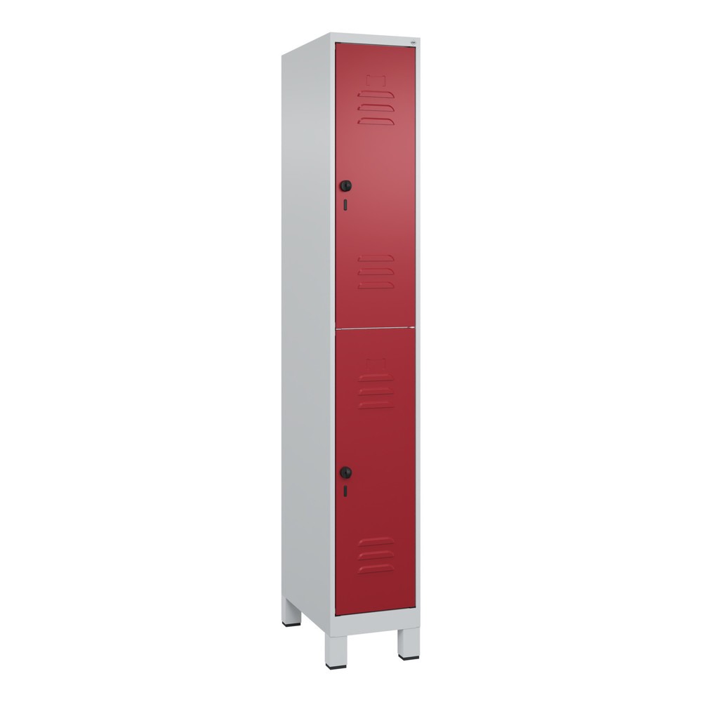 Produktabbildung: C+P Doppelstock-Spind Classic PLUS, Füsse, 1 Abteil, HxBxT 1.950 x 300 x 500 mm, lichtgrau, rubinrot, 2 Fächer, für Vorhängeschloss