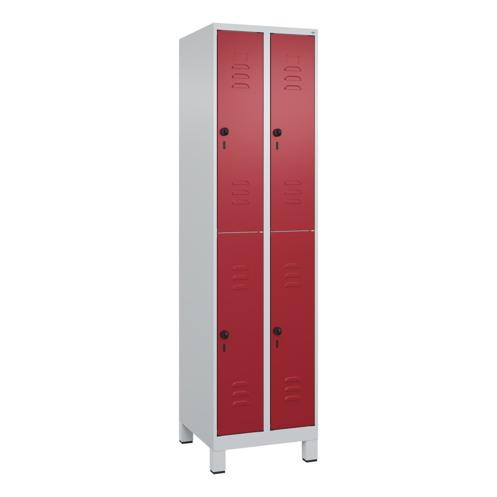 Produktabbildung: C+P Doppelstock-Spind Classic PLUS, Füsse, 2 Abteile, HxBxT 1.950 x 500 x 500 mm, lichtgrau, rubinrot, 4 Fächer, für Vorhängeschloss