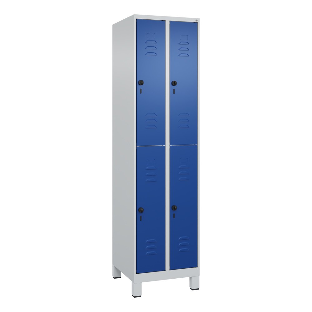 Produktabbildung: C+P Doppelstock-Spind Classic PLUS, Füsse, 2 Abteile, HxBxT 1.950 x 500 x 500 mm, lichtgrau, enzianblau, 4 Fächer, für Vorhängeschloss