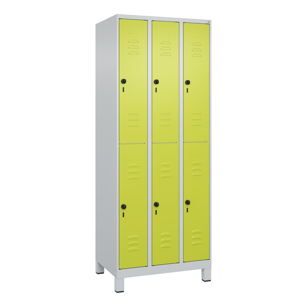 Produktabbildung: C+P Doppelstock-Spind Classic PLUS, Füsse, 3 Abteile, HxBxT 1.950 x 750 x 500 mm, lichtgrau, clowngrün, 6 Fächer, für Vorhängeschloss