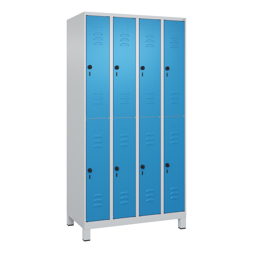 Produktabbildung: C+P Doppelstock-Spind Classic PLUS, Füsse, 4 Abteile, HxBxT 1.950 x 1.000 x 500 mm, lichtgrau, lichtblau, 8 Fächer, für Vorhängeschloss