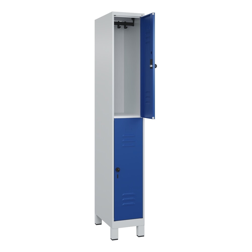 Produktabbildung: C+P Doppelstock-Spind Classic PLUS, Füsse, 1 Abteil, HxBxT 1.950 x 300 x 500 mm, lichtgrau, enzianblau, 2 Fächer, für Vorhängeschloss