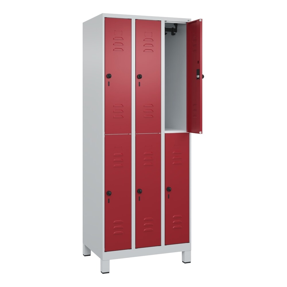 Produktabbildung: C+P Doppelstock-Spind Classic PLUS, Füsse, 3 Abteile, HxBxT 1.950 x 750 x 500 mm, lichtgrau, rubinrot, 6 Fächer, für Vorhängeschloss
