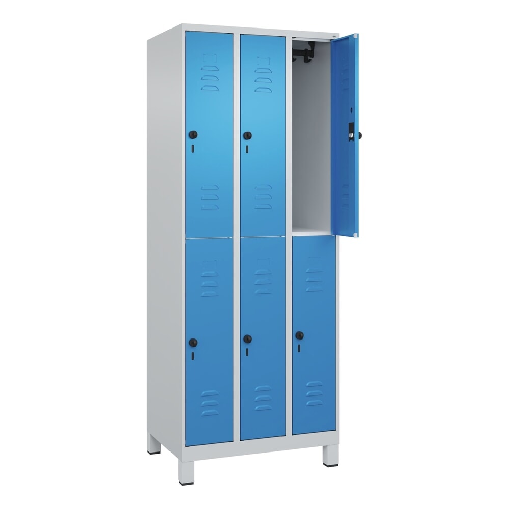 Produktabbildung: C+P Doppelstock-Spind Classic PLUS, Füsse, 3 Abteile, HxBxT 1.950 x 750 x 500 mm, lichtgrau, lichtblau, 6 Fächer, für Vorhängeschloss