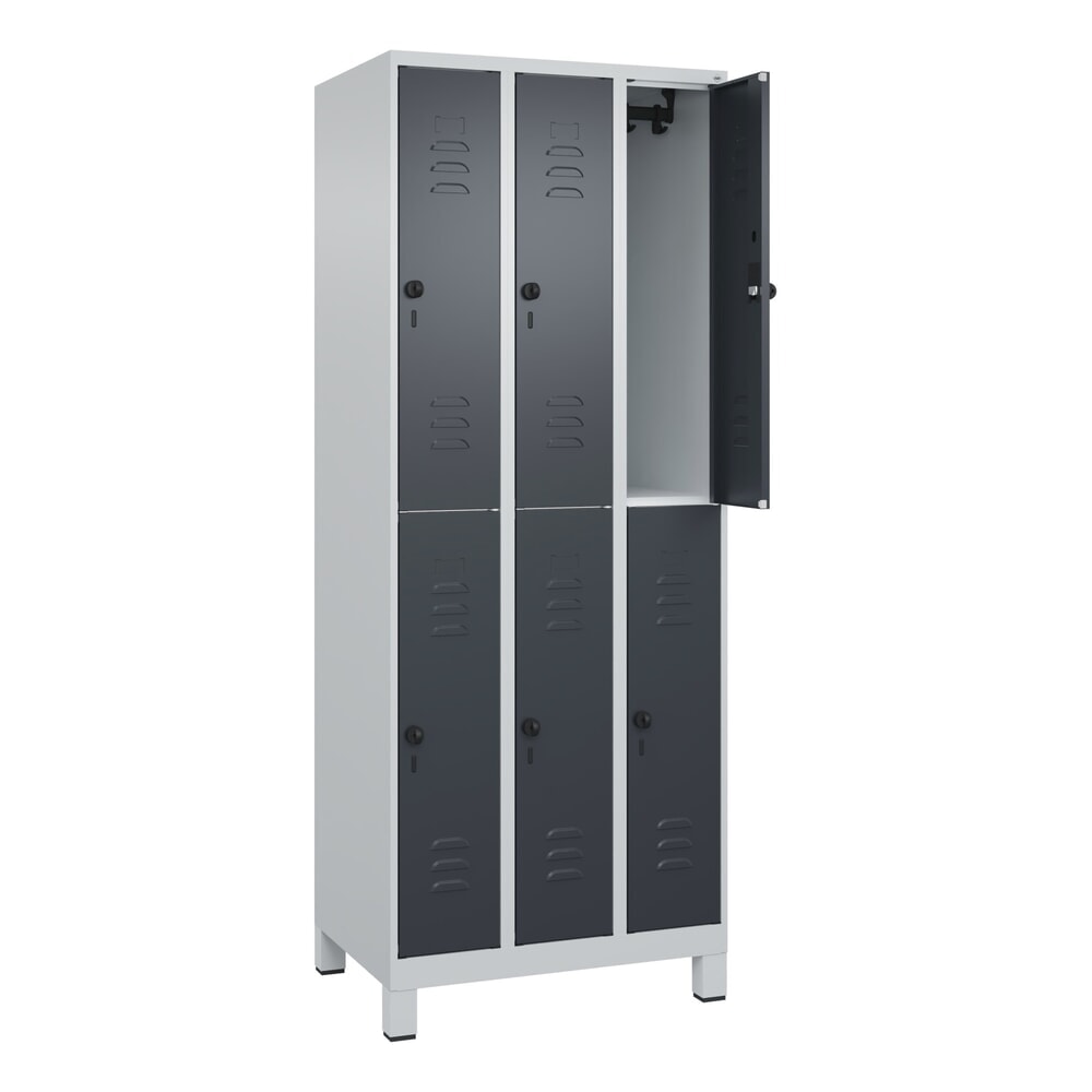Produktabbildung: C+P Doppelstock-Spind Classic PLUS, Füsse, 3 Abteile, HxBxT 1.950 x 750 x 500 mm, lichtgrau, anthrazitgrau, 6 Fächer, für Vorhängeschloss