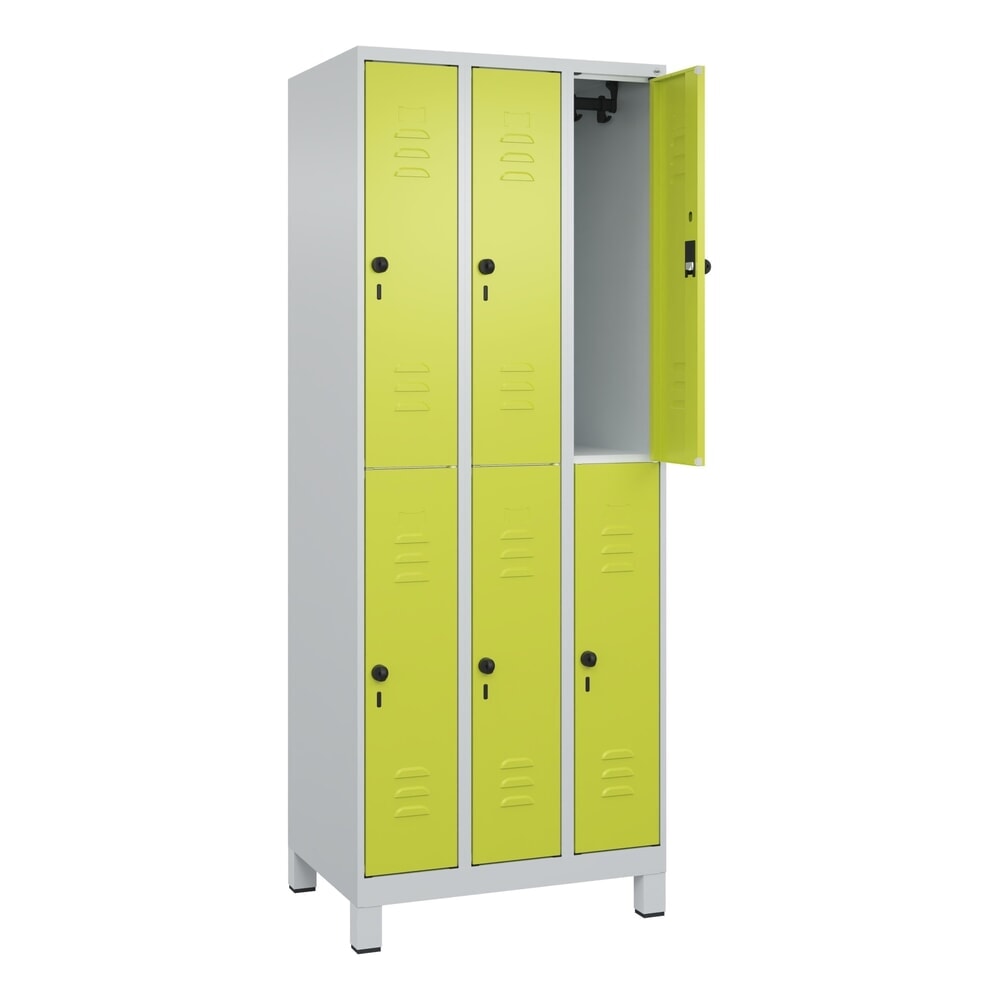 Produktabbildung: C+P Doppelstock-Spind Classic PLUS, Füsse, 3 Abteile, HxBxT 1.950 x 750 x 500 mm, lichtgrau, clowngrün, 6 Fächer, für Vorhängeschloss