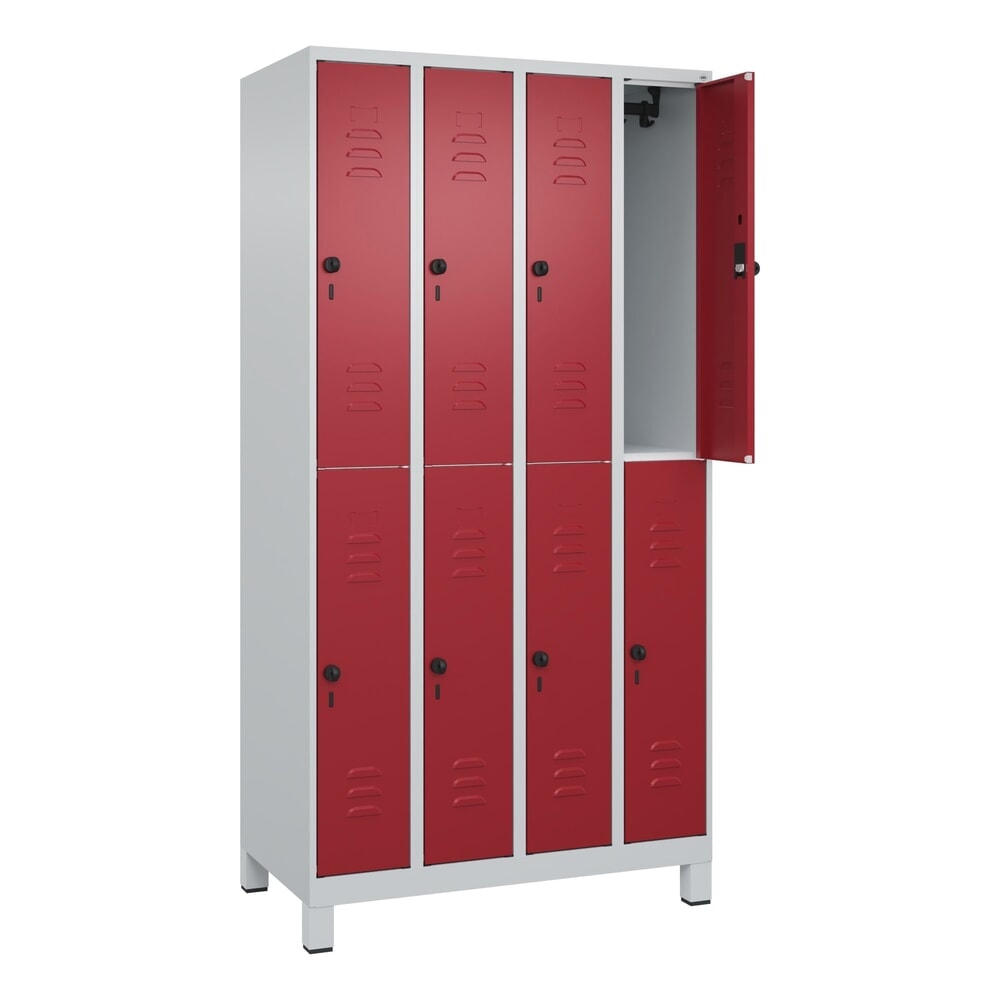 C+P Doppelstock-Spind Classic PLUS, Füsse, 4 Abteile, HxBxT 1.950 x 1.000 x 500 mm, lichtgrau, rubinrot, 8 Fächer, für Vorhängeschloss Produktabbildung: C+P Doppelstock-Spind Classic PLUS, Füsse, 4 Abteile, HxBxT 1.950 x 1.000 x 500 mm, lichtgrau, rubinrot, 8 Fächer, für Vorhängeschloss