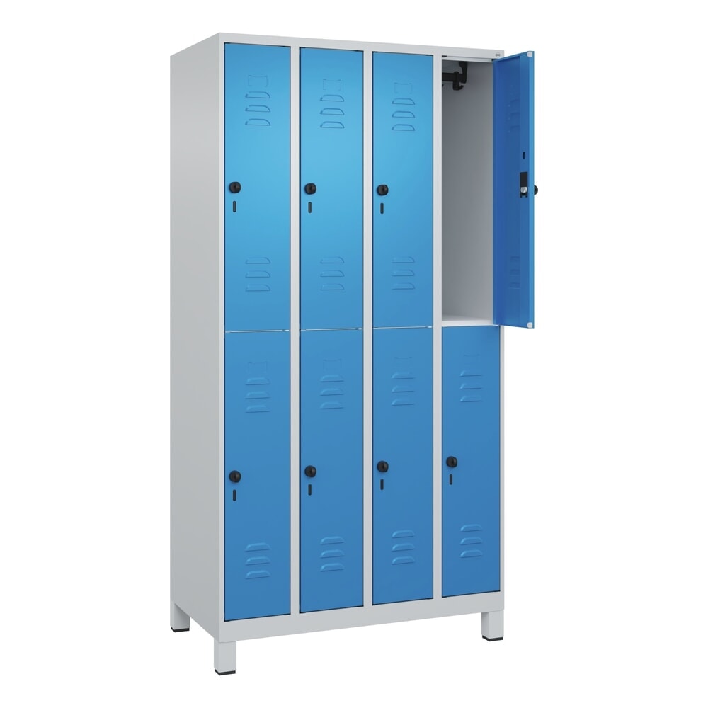 C+P Doppelstock-Spind Classic PLUS, Füsse, 4 Abteile, HxBxT 1.950 x 1.000 x 500 mm, lichtgrau, lichtblau, 8 Fächer, für Vorhängeschloss Produktabbildung: C+P Doppelstock-Spind Classic PLUS, Füsse, 4 Abteile, HxBxT 1.950 x 1.000 x 500 mm, lichtgrau, lichtblau, 8 Fächer, für Vorhängeschloss