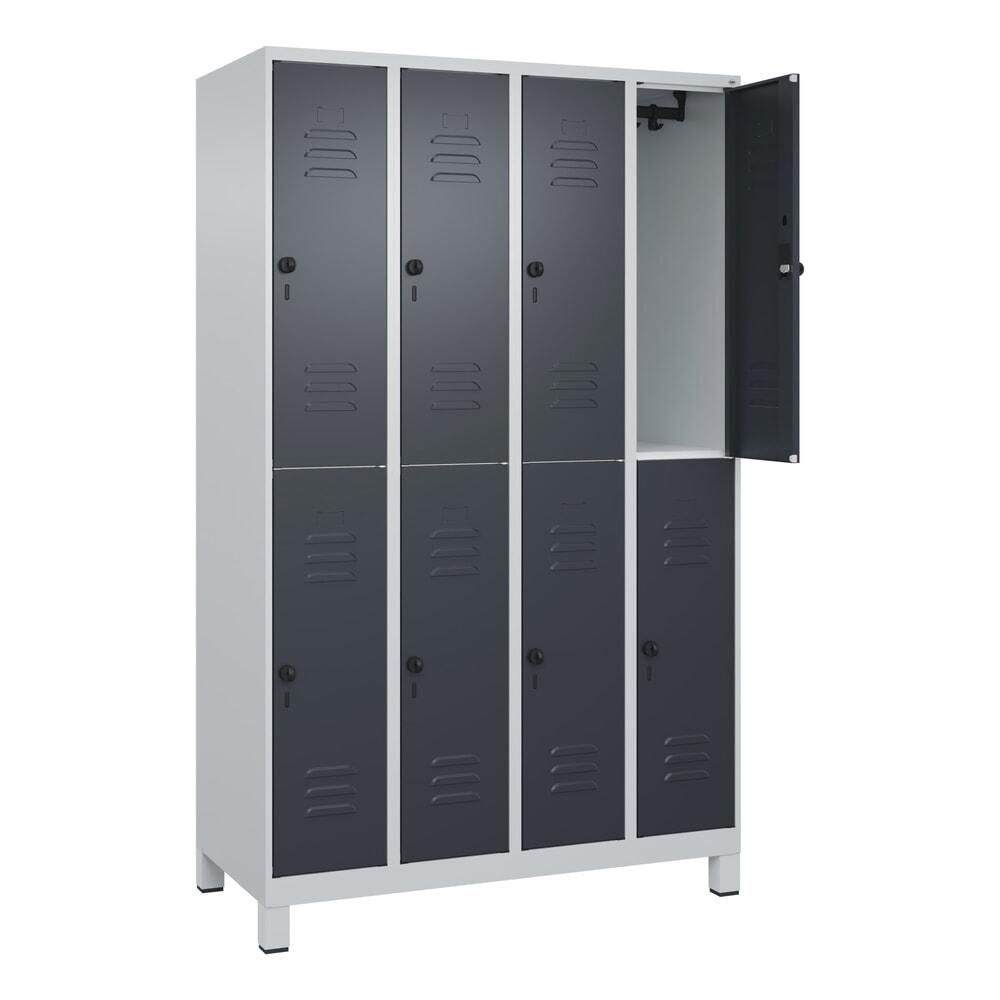 Produktabbildung: C+P Doppelstock-Spind Classic PLUS, Füsse, 4 Abteile, HxBxT 1.950 x 1.200 x 500 mm, lichtgrau, anthrazitgrau, 8 Fächer, für Vorhängeschloss