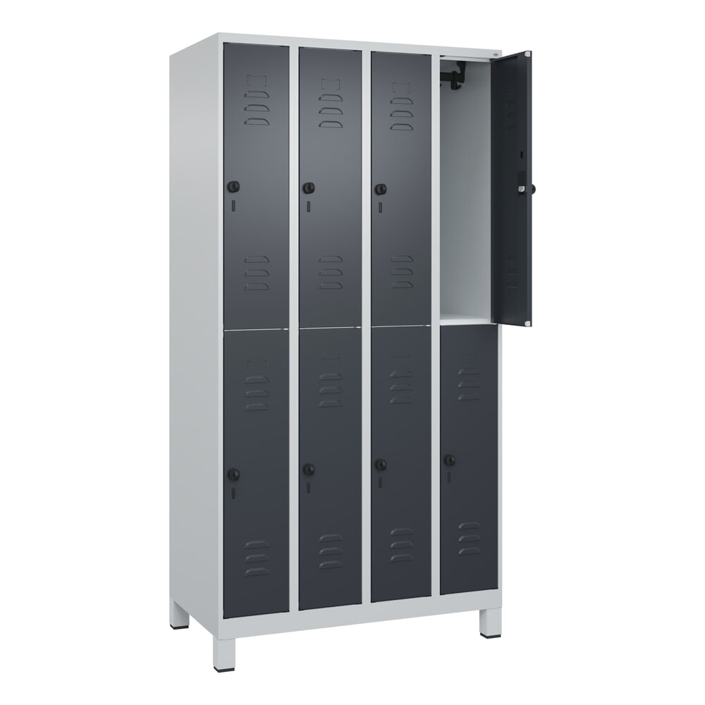 C+P Doppelstock-Spind Classic PLUS, Füsse, 4 Abteile, HxBxT 1.950 x 1.000 x 500 mm, lichtgrau, anthrazitgrau, 8 Fächer, für Vorhängeschloss Produktabbildung: C+P Doppelstock-Spind Classic PLUS, Füsse, 4 Abteile, HxBxT 1.950 x 1.000 x 500 mm, lichtgrau, anthrazitgrau, 8 Fächer, für Vorhängeschloss
