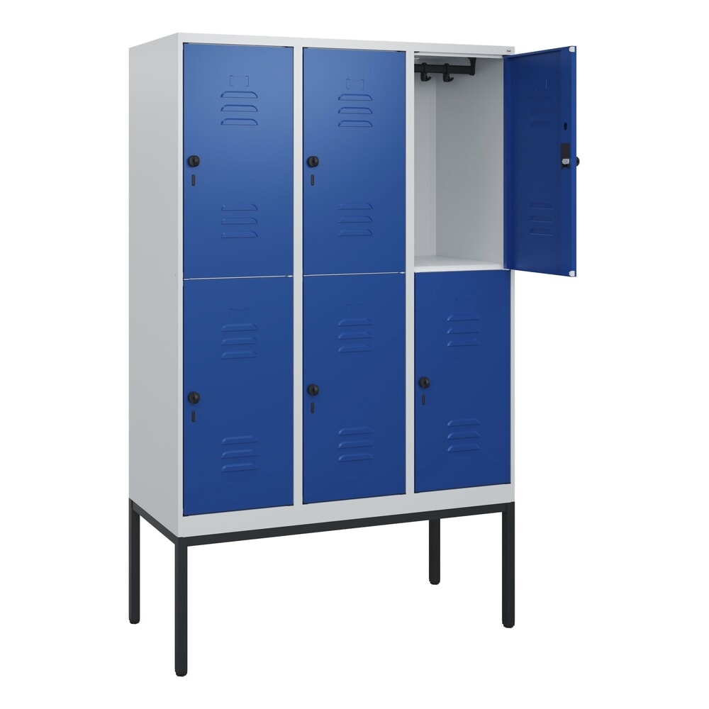 Illustration du produit: C+P Doppelstock-Spind Classic PLUS, Gestell, 3 Abteile, HxBxT 1.950 x 1.200 x 500 mm, lichtgrau, enzianblau, für Vorhängeschloss, 6 Fächer