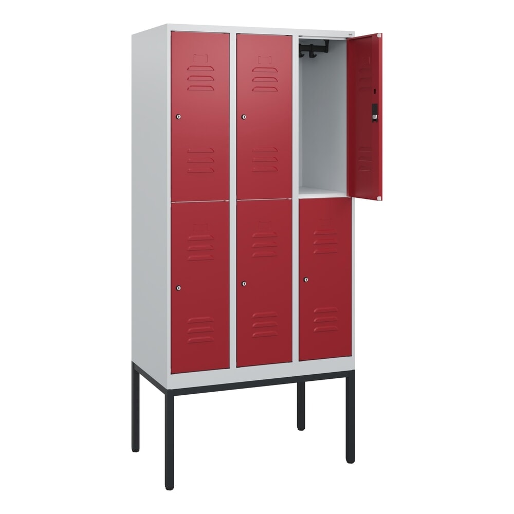 Produktabbildung: C+P Doppelstock-Spind Classic PLUS, Gestell, 3 Abteile, HxBxT 1.950 x 900 x 500 mm, lichtgrau, rubinrot, Zylinderschloss, 6 Fächer