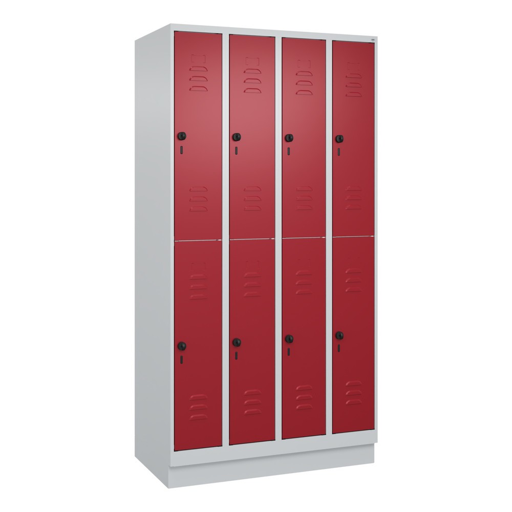 Produktabbildung: C+P Doppelstock-Spind Classic PLUS, Sockel, 4 Abteile, HxBxT 1.950 x 1.000 x 500 mm, lichtgrau, rubinrot, 8 Fächer, für Vorhängeschloss