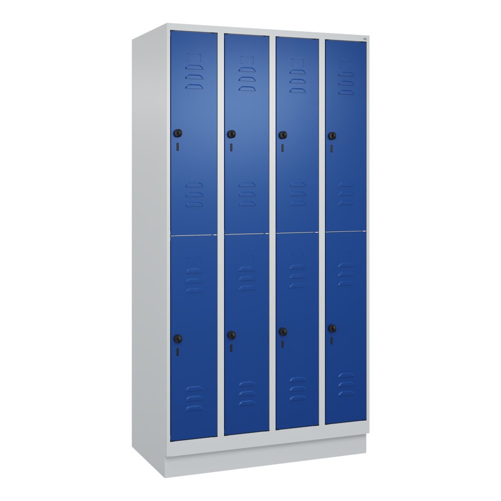 Produktabbildung: C+P Doppelstock-Spind Classic PLUS, Sockel, 4 Abteile, HxBxT 1.950 x 1.000 x 500 mm, lichtgrau, enzianblau, 8 Fächer, für Vorhängeschloss
