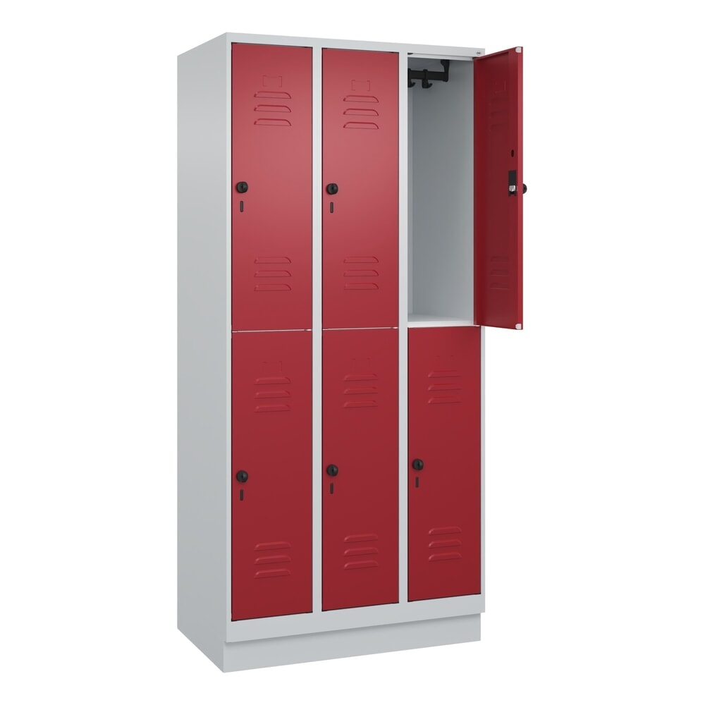 Produktabbildung Nr. 1: C+P Doppelstock-Spind Classic PLUS, Sockel, 3 Abteile, HxBxT 1.950 x 900 x 500 mm, lichtgrau, rubinrot, 6 Fächer, für Vorhängeschloss