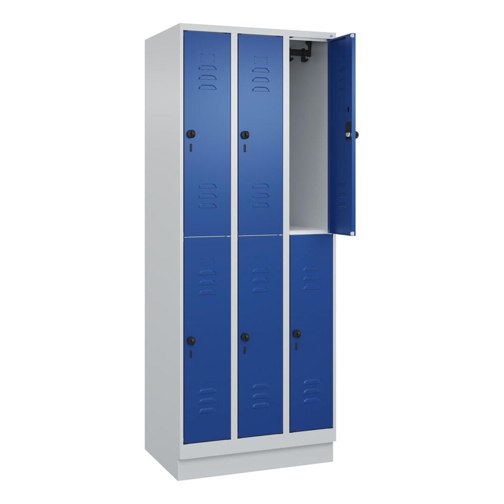 Produktabbildung: C+P Doppelstock-Spind Classic PLUS, Sockel, 3 Abteile, HxBxT 1.950 x 750 x 500 mm, lichtgrau, enzianblau, 6 Fächer, für Vorhängeschloss
