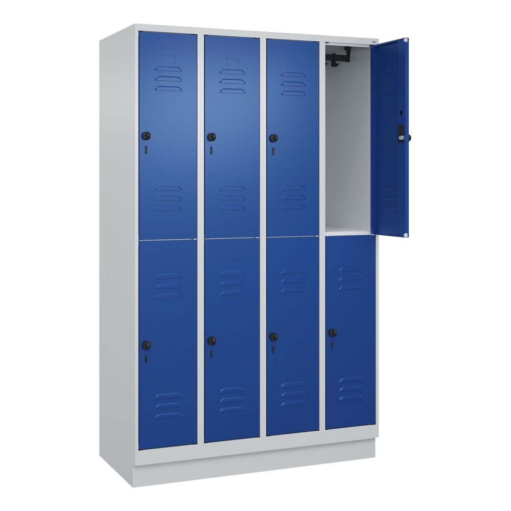 Produktabbildung Nr. 1: C+P Doppelstock-Spind Classic PLUS, Sockel, 4 Abteile, HxBxT 1.950 x 1.200 x 500 mm, lichtgrau, enzianblau, 8 Fächer, für Vorhängeschloss