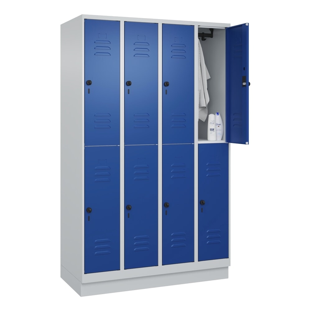 Produktabbildung Nr. 10: C+P Doppelstock-Spind Classic PLUS, Sockel, 4 Abteile, HxBxT 1.950 x 1.200 x 500 mm, lichtgrau, enzianblau, 8 Fächer, für Vorhängeschloss
