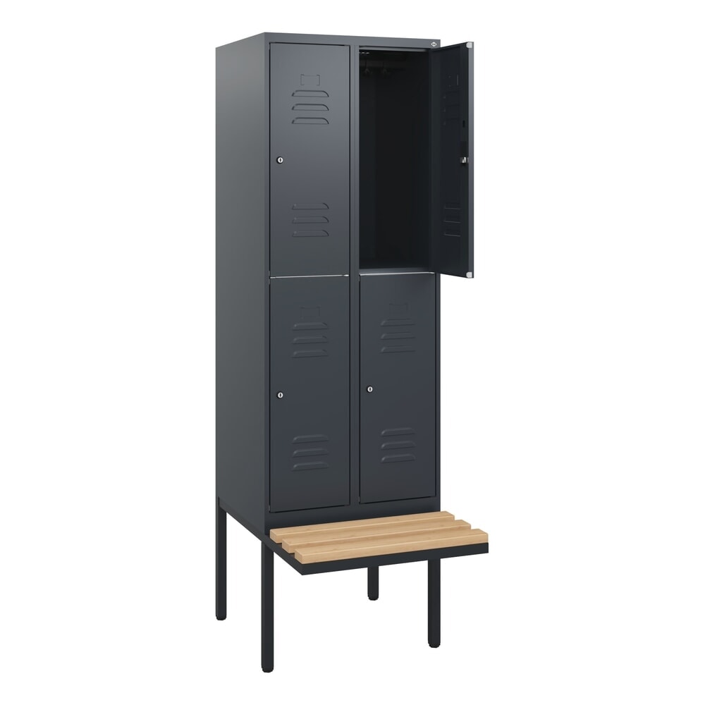 Produktabbildung: C+P Doppelstock-Spind Classic PLUS, 2 Abteile, HxBxT 1.950 x 600 x 815 mm, Zylinderschloss, auskragende Bank aus Buche, anthrazitgrau, anthrazitgrau