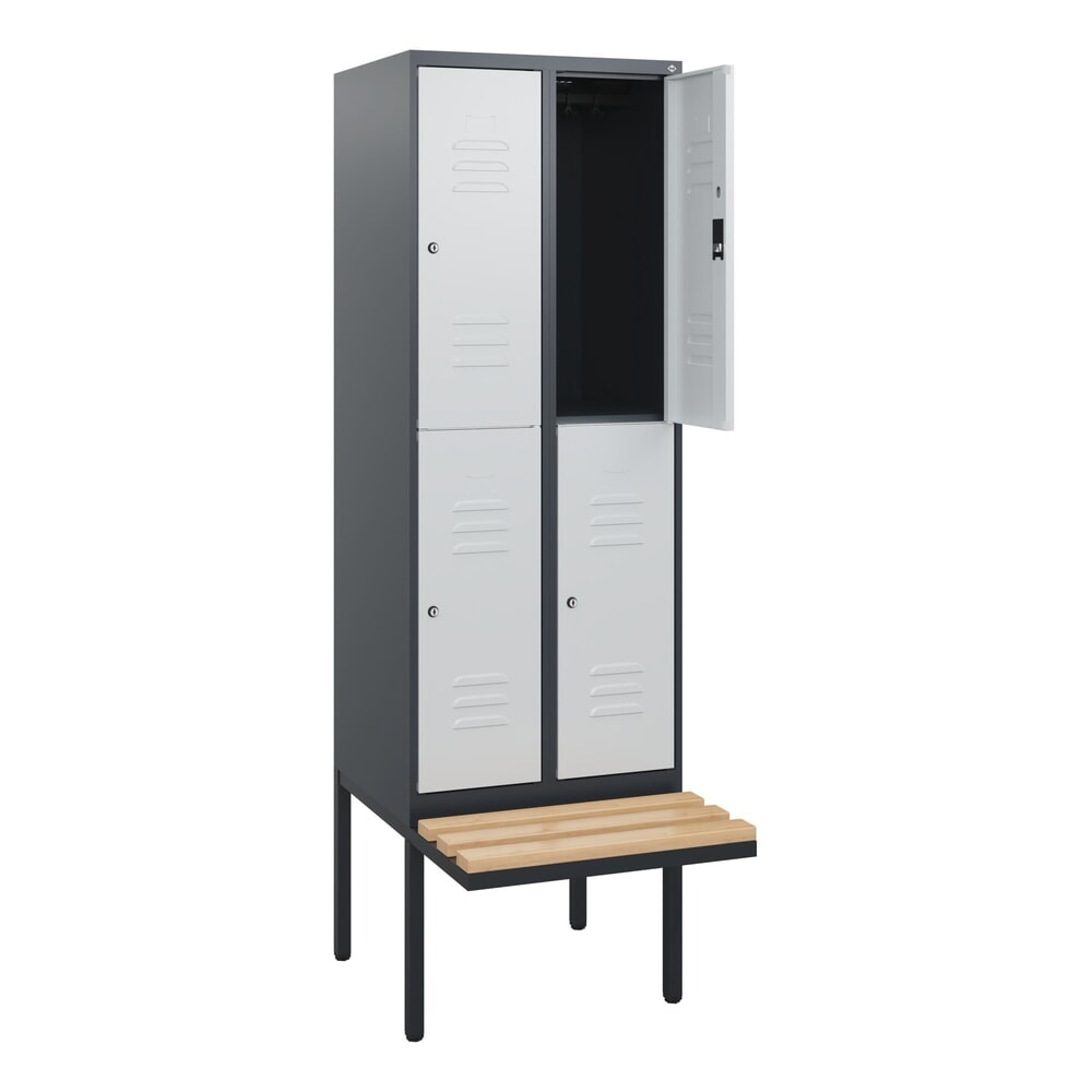 Illustration du produit: C+P Doppelstock-Spind Classic PLUS, 2 Abteile, HxBxT 1.950 x 600 x 815 mm, Zylinderschloss, auskragende Bank aus Buche, anthrazitgrau, lichtgrau