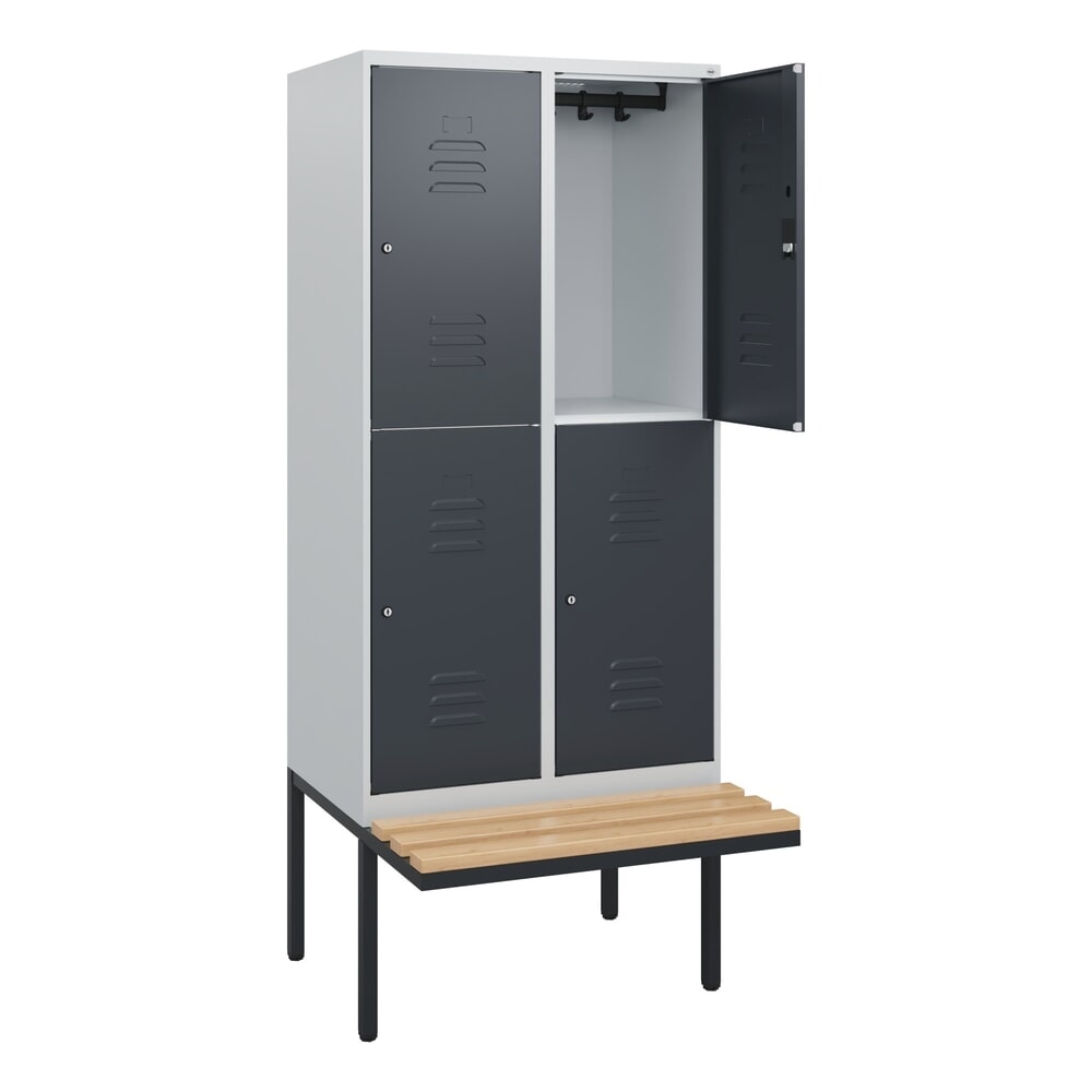 Produktabbildung: C+P Doppelstock-Spind Classic PLUS, 2 Abteile, HxBxT 1.950 x 800 x 815 mm, Zylinderschloss, auskragende Bank aus Buche, lichtgrau, anthrazitgrau