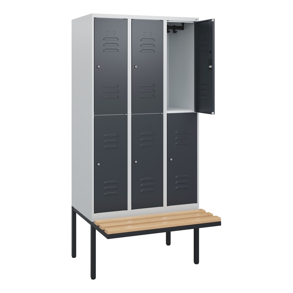 C+P Doppelstock-Spind Classic PLUS, 3 Abteile, HxBxT 1.950 x 900 x 815 mm, Zylinderschloss, auskragende Bank aus Buche, lichtgrau, anthrazitgrau Illustration du produit: C+P Doppelstock-Spind Classic PLUS, 3 Abteile, HxBxT 1.950 x 900 x 815 mm, Zylinderschloss, auskragende Bank aus Buche, lichtgrau, anthrazitgrau