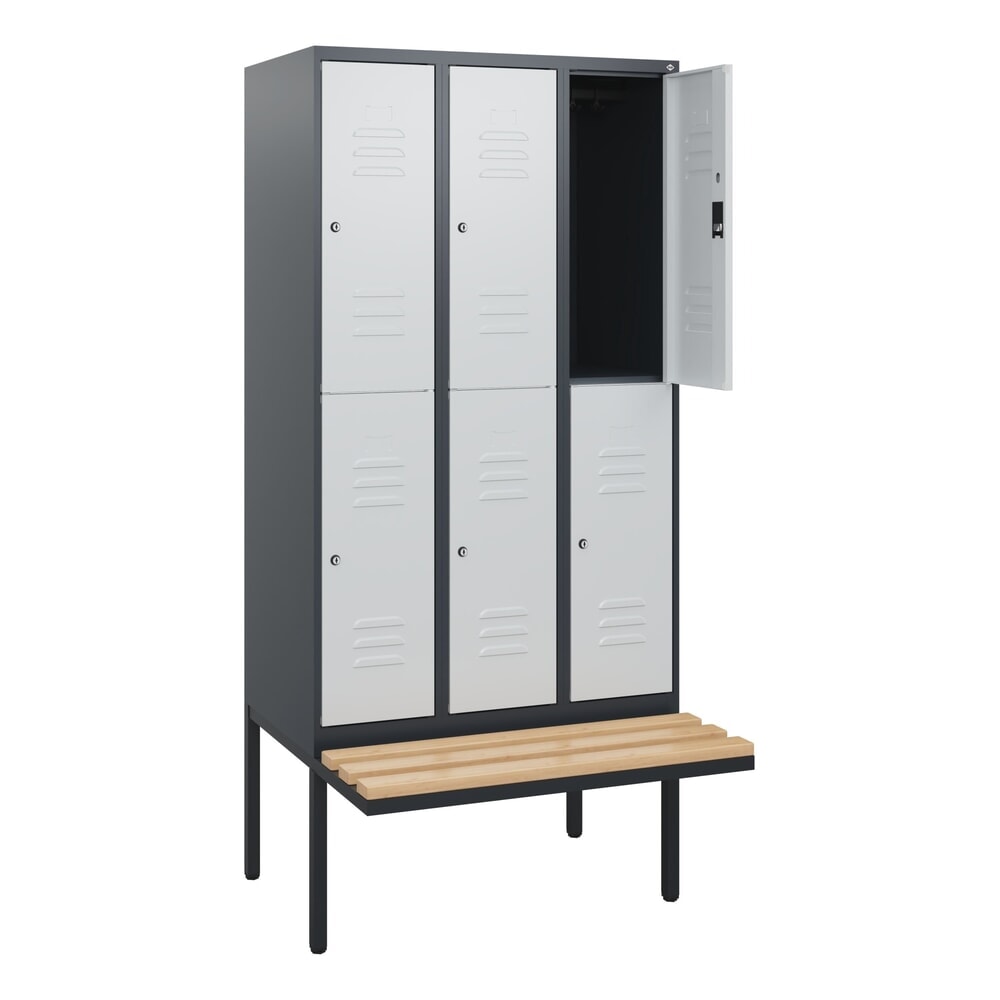 C+P Doppelstock-Spind Classic PLUS, 3 Abteile, HxBxT 1.950 x 900 x 815 mm, Zylinderschloss, auskragende Bank aus Buche, anthrazitgrau, lichtgrau Illustration du produit: C+P Doppelstock-Spind Classic PLUS, 3 Abteile, HxBxT 1.950 x 900 x 815 mm, Zylinderschloss, auskragende Bank aus Buche, anthrazitgrau, lichtgrau