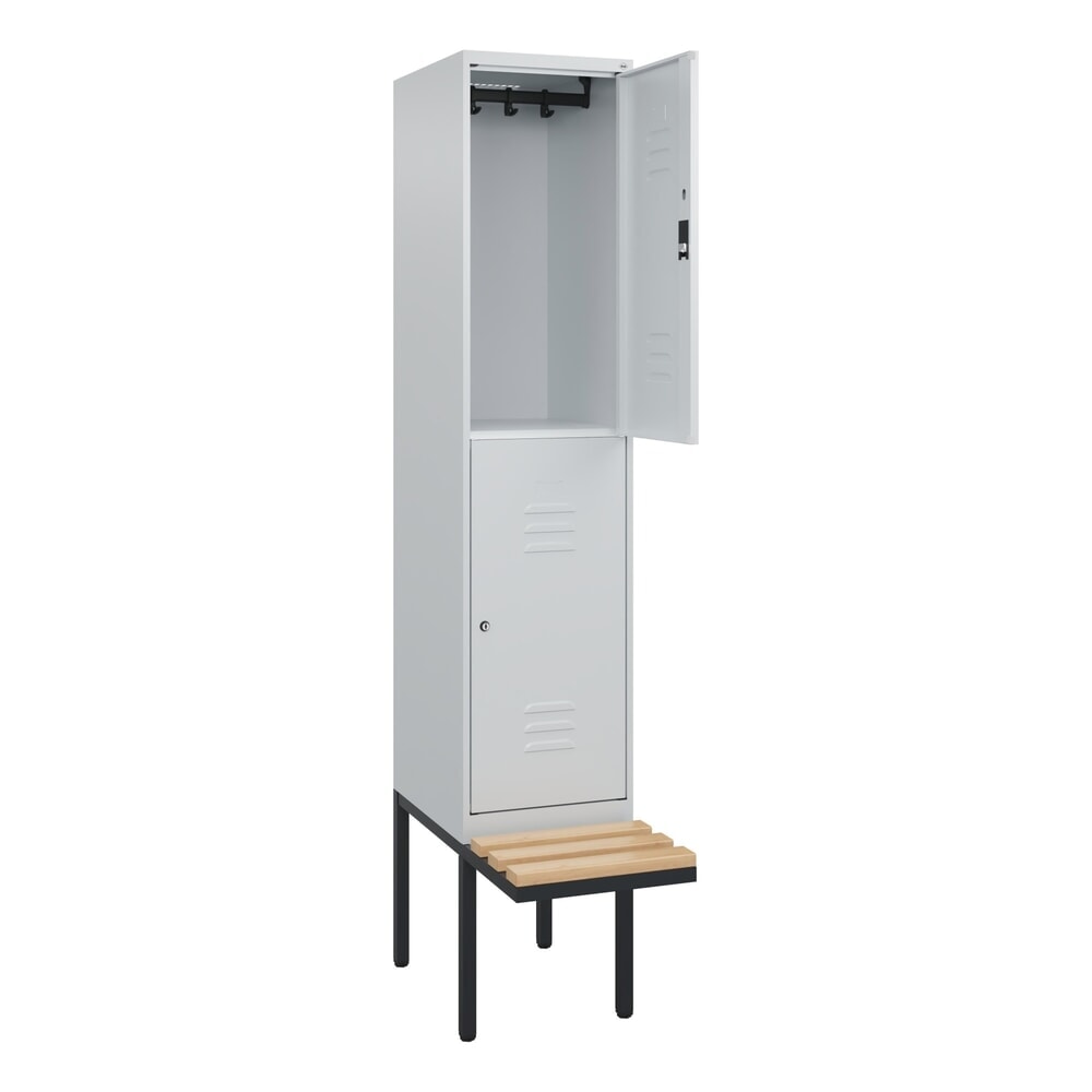 Illustration du produit: C+P Doppelstock-Spind Classic PLUS, 1 Abteil, HxBxT 2.120 x 400 x 815 mm, Zylinderschloss, auskragende Bank aus Buche, lichtgrau, lichtgrau