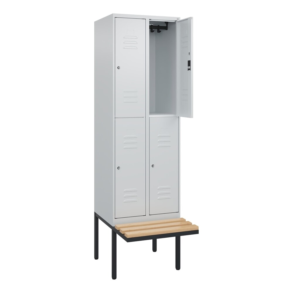 Illustration du produit: C+P Doppelstock-Spind Classic PLUS, 2 Abteile, HxBxT 2.120 x 600 x 815 mm, Zylinderschloss, auskragende Bank aus Buche, lichtgrau, lichtgrau