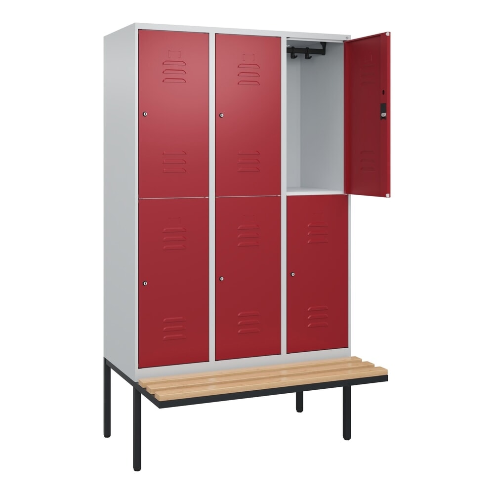 Illustration du produit: C+P Doppelstock-Spind Classic PLUS, 3 Abteile, HxBxT 2.120 x 1.200 x 815 mm, Zylinderschloss, auskragende Bank aus Buche, lichtgrau, rubinrot