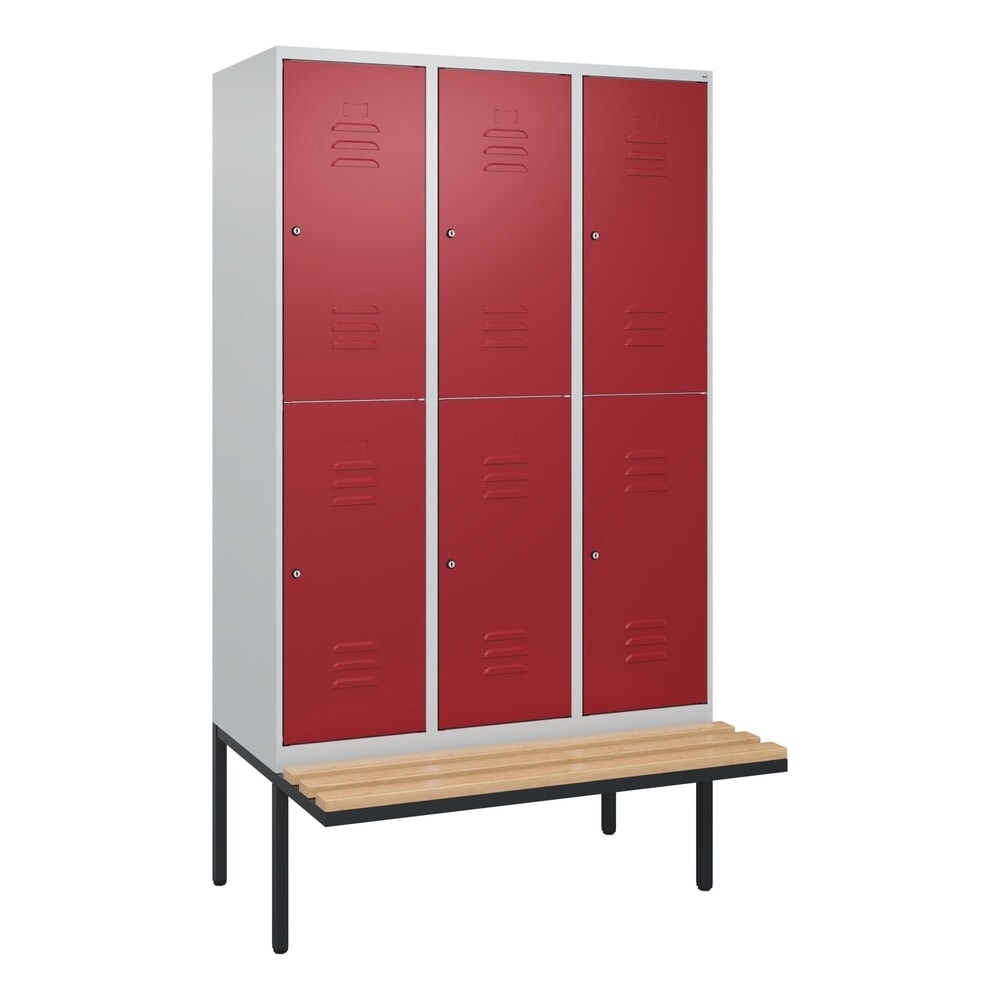 N° de l'image du produit 9 : C+P Doppelstock-Spind Classic PLUS, 3 Abteile, HxBxT 2.120 x 1.200 x 815 mm, Zylinderschloss, auskragende Bank aus Buche, lichtgrau, rubinrot