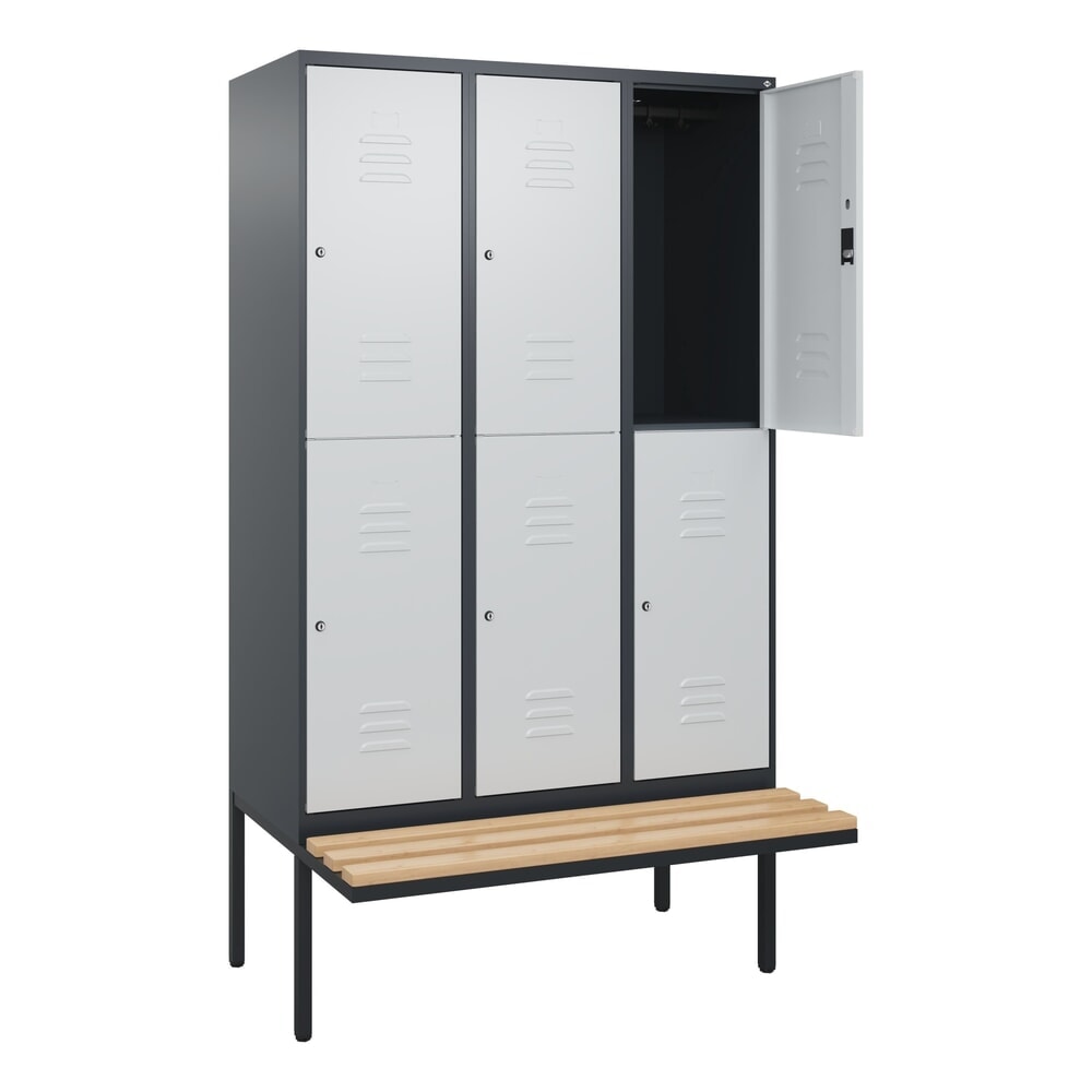 Illustration du produit: C+P Doppelstock-Spind Classic PLUS, 3 Abteile, HxBxT 2.120 x 1.200 x 815 mm, Zylinderschloss, auskragende Bank aus Buche, anthrazitgrau, lichtgrau