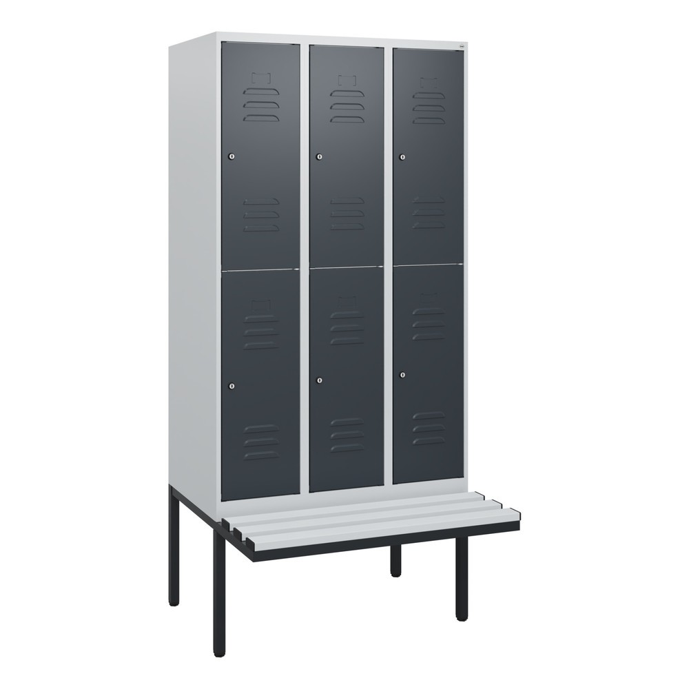 Produktabbildung: C+P Doppelstock-Spind Classic PLUS, 3 Abteile, HxBxT 1.950 x 900 x 815 mm, Zylinderschloss, auskragende Bank aus Kunststoff, lichtgrau, anthrazitgrau