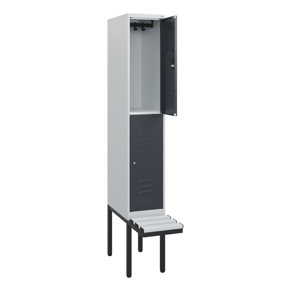 Illustration du produit: C+P Doppelstock-Spind Classic PLUS, 1 Abteil, HxBxT 1.950 x 300 x 815 mm, Zylinderschloss, auskragende Bank aus Kunststoff, lichtgrau, anthrazitgrau
