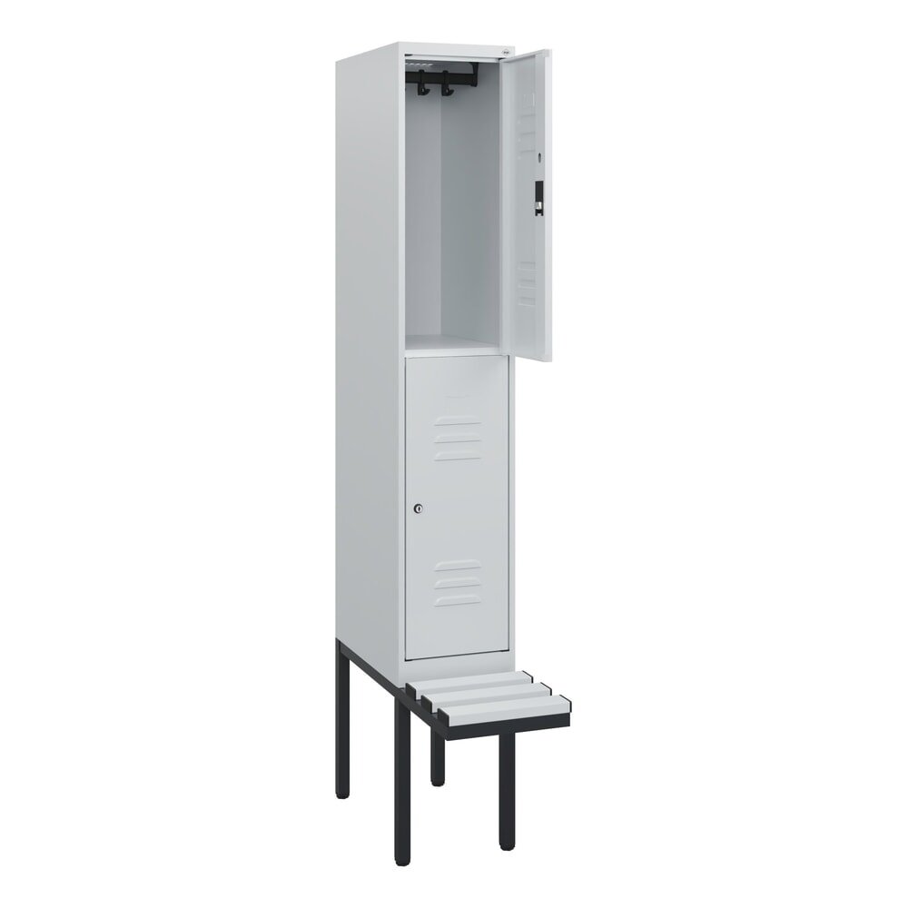 Produktabbildung: C+P Doppelstock-Spind Classic PLUS, 1 Abteil, HxBxT 1.950 x 300 x 815 mm, Zylinderschloss, auskragende Bank aus Kunststoff, lichtgrau, lichtgrau