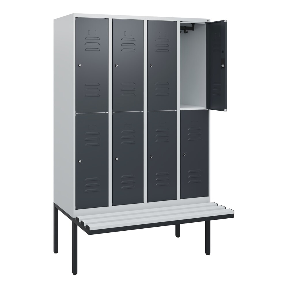 Illustration du produit: C+P Doppelstock-Spind Classic PLUS, 4 Abteile, HxBxT 1.950 x 1.200 x 815 mm, Zylinderschloss, auskragende Bank aus Kunststoff, lichtgrau, anthrazitgrau