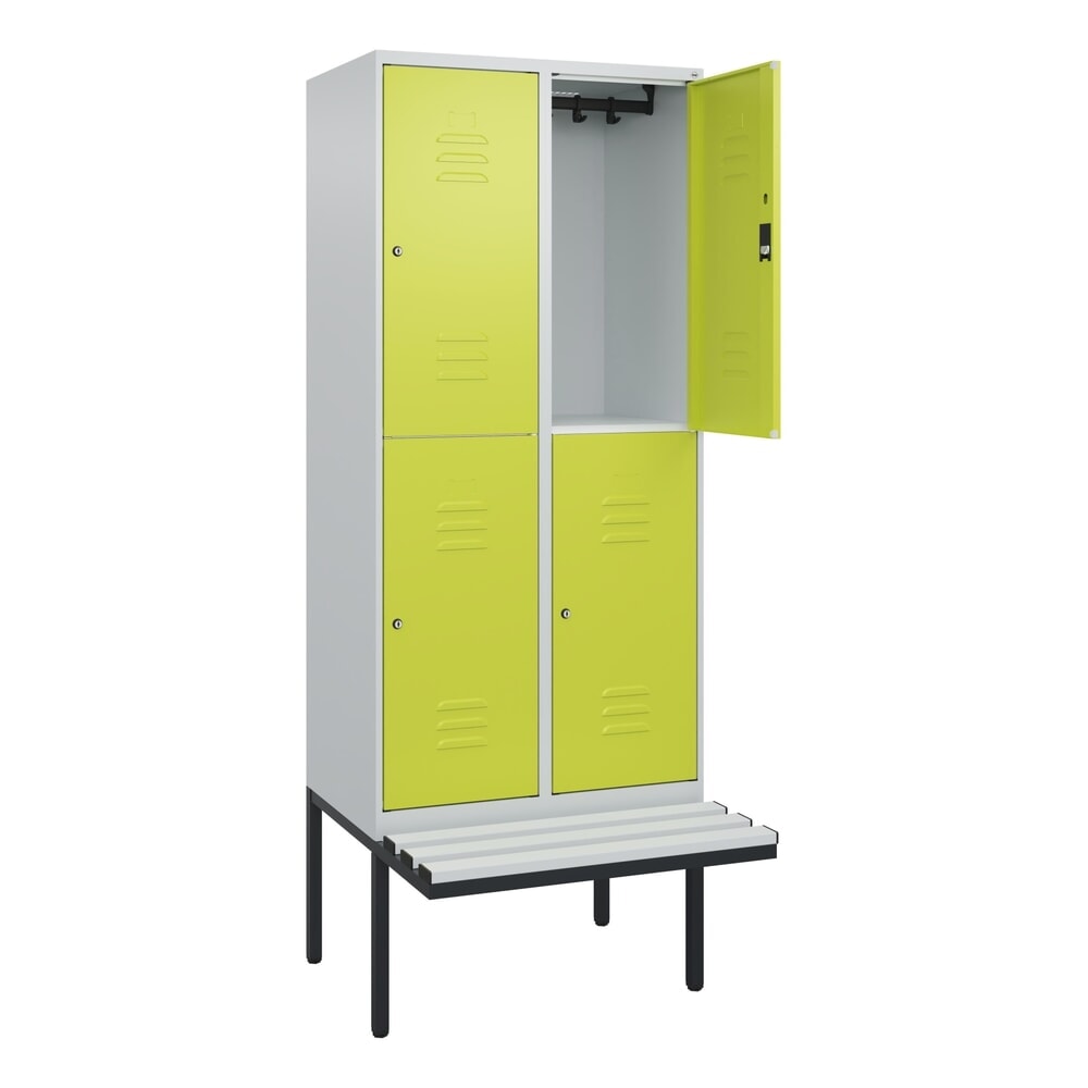Illustration du produit: C+P Doppelstock-Spind Classic PLUS, 2 Abteile, HxBxT 2.120 x 800 x 815 mm, Zylinderschloss, auskragende Bank aus Kunststoff, lichtgrau, clowngrün