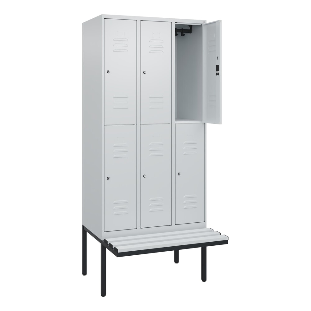 Illustration du produit: C+P Doppelstock-Spind Classic PLUS, 3 Abteile, HxBxT 2.120 x 900 x 815 mm, Zylinderschloss, auskragende Bank aus Kunststoff, lichtgrau, lichtgrau