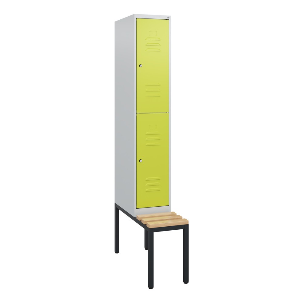 Produktabbildung: C+P Doppelstock-Spind Classic PLUS, 1 Abteil, HxBxT 1.950 x 300 x 815 mm, Zylinderschloss, untergebaute Bank aus Buche, lichtgrau, clowngrün