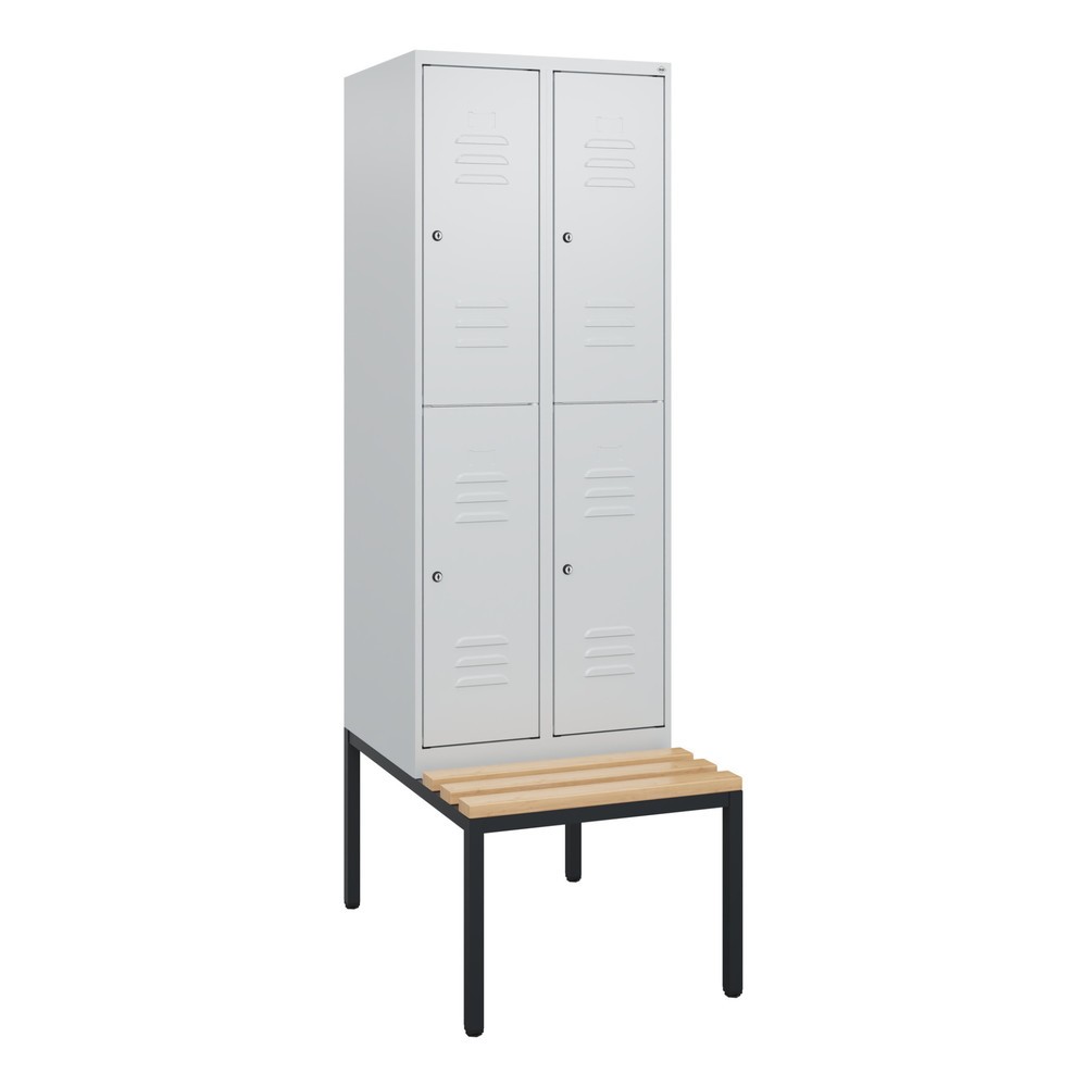Produktabbildung: C+P Doppelstock-Spind Classic PLUS, 2 Abteile, HxBxT 1.950 x 600 x 815 mm, Zylinderschloss, untergebaute Bank aus Buche, lichtgrau, lichtgrau