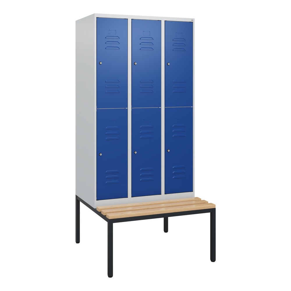 Illustration du produit: C+P Doppelstock-Spind Classic PLUS, 3 Abteile, HxBxT 1.950 x 900 x 815 mm, Zylinderschloss, untergebaute Bank aus Buche, lichtgrau, enzianblau