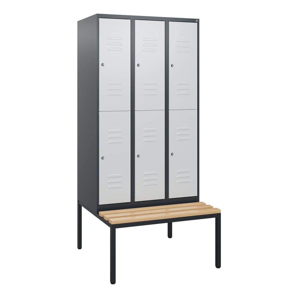 Produktabbildung: C+P Doppelstock-Spind Classic PLUS, 3 Abteile, HxBxT 1.950 x 900 x 815 mm, Zylinderschloss, untergebaute Bank aus Buche, anthrazitgrau, lichtgrau